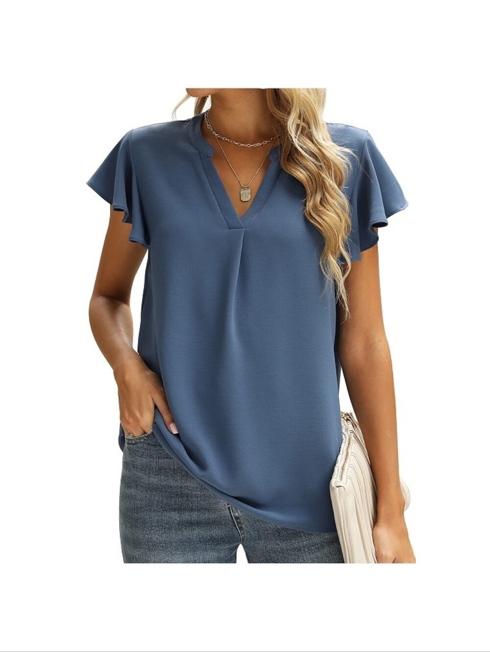 Calvin Klein Blue Flutter Sleeve Split V-Neck Blouse Top Large
